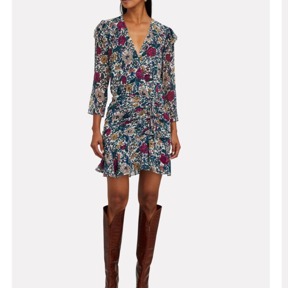 Veronica Beard Navy Floral Wrap Mini Dress with Pink & Green Blooms